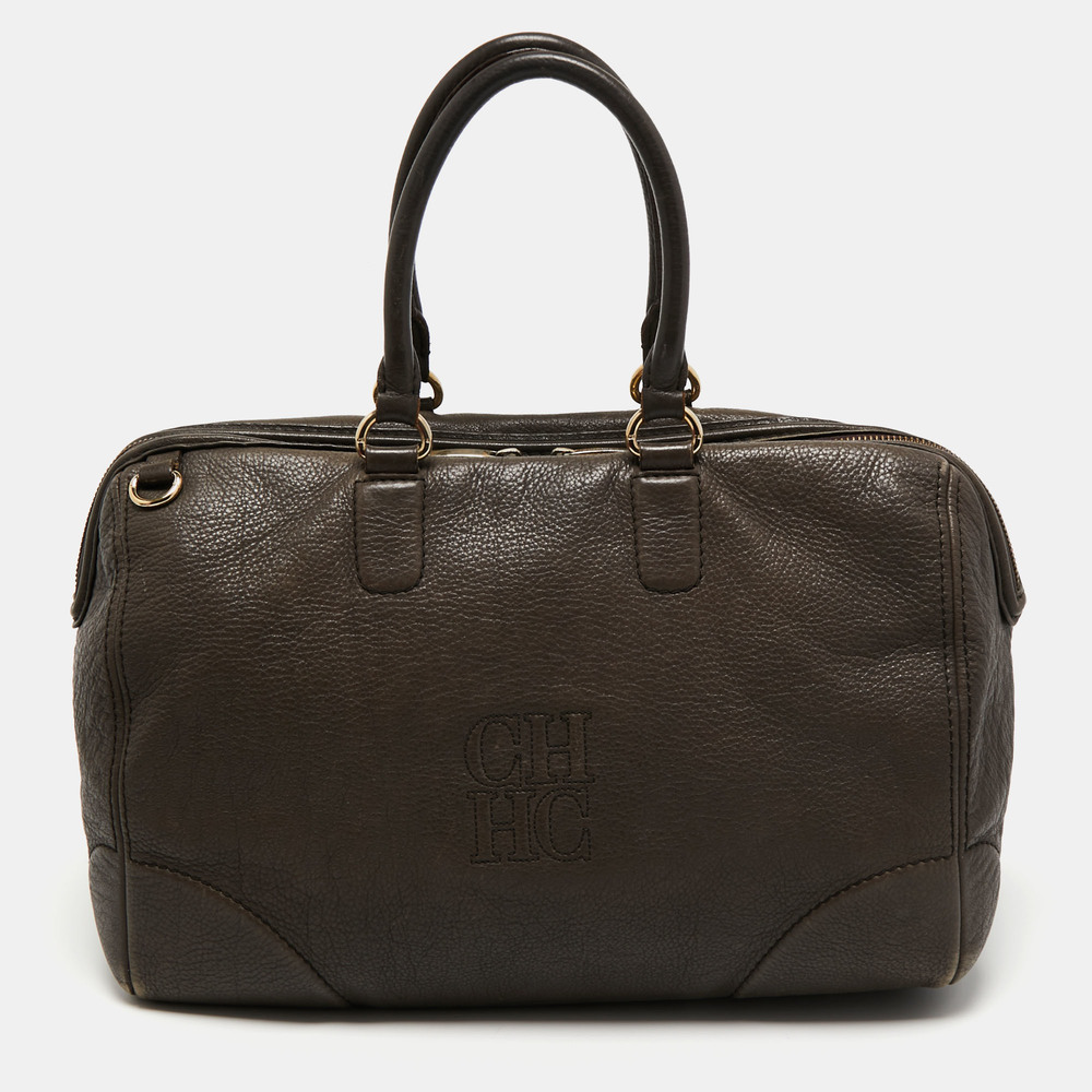 CH CAROLINA HERRERA Dark Grey Monogram Leather Large Boston Bag - Picture 1 of 8
